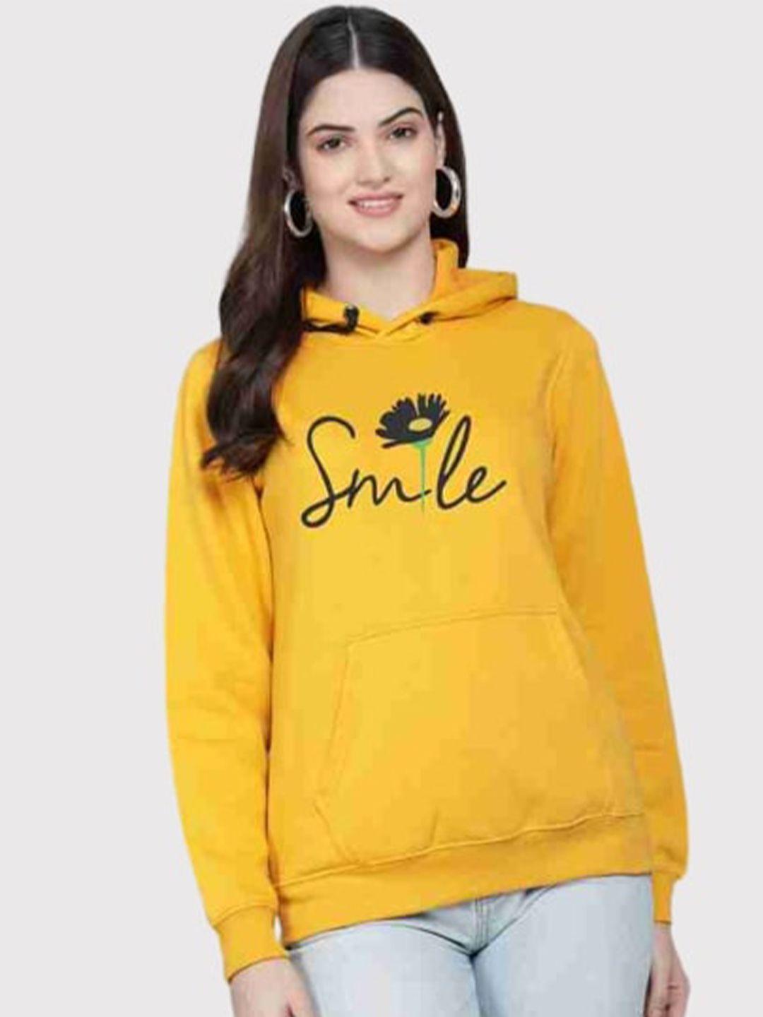 pockman women mustard printed hooded sweatshirt