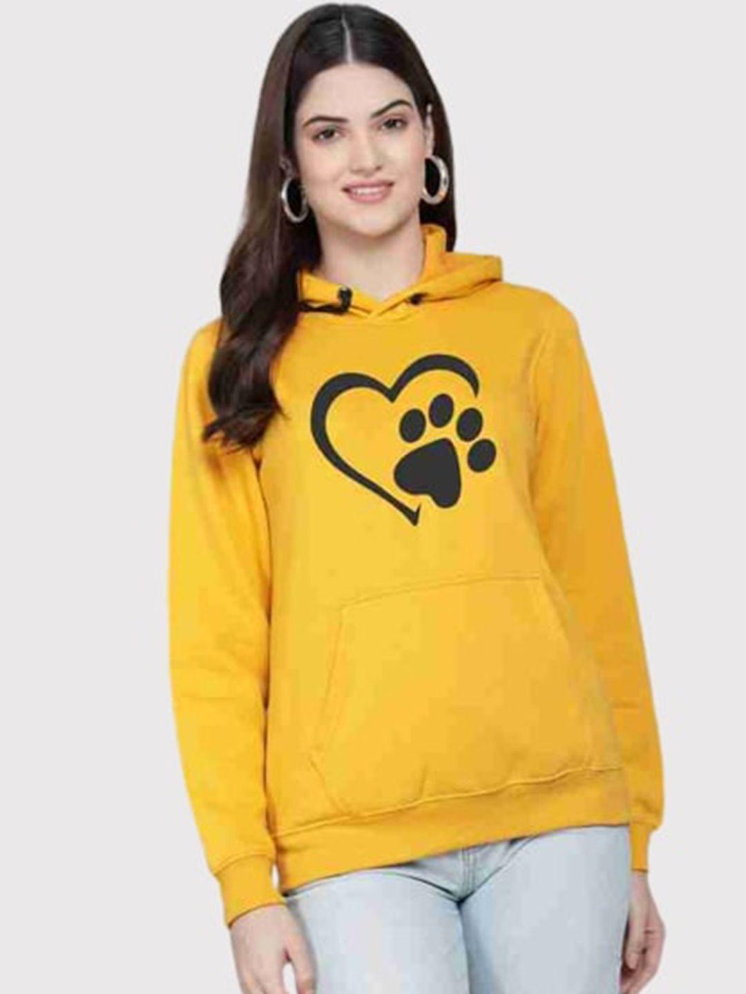 pockman women mustard printed hooded sweatshirt