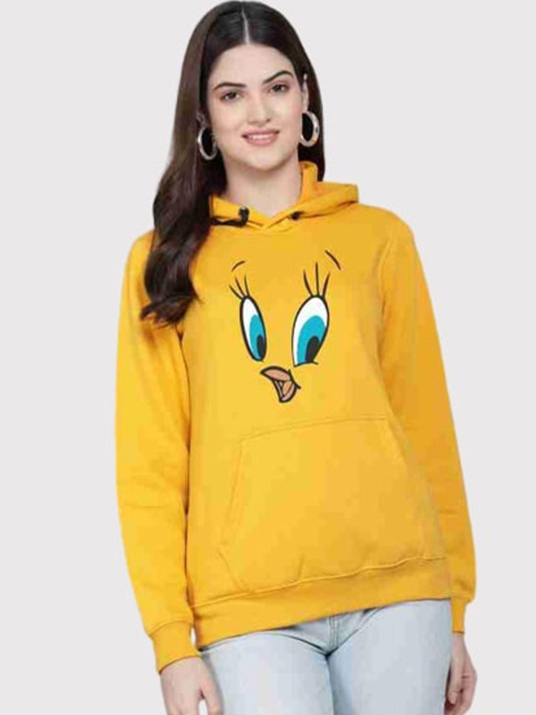 pockman women mustard printed hooded sweatshirt