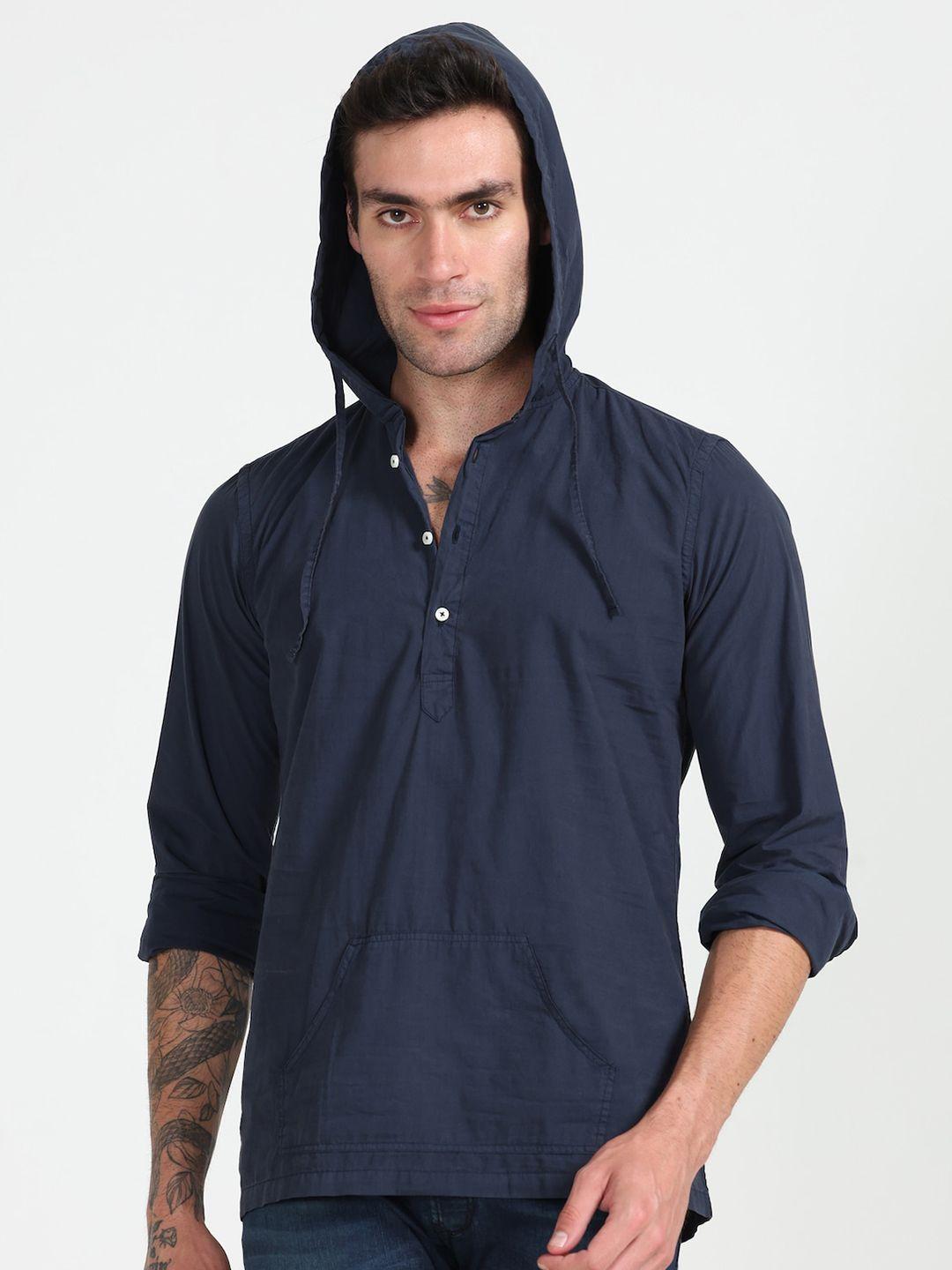 poe smart slim fit hooded cotton casual shirt