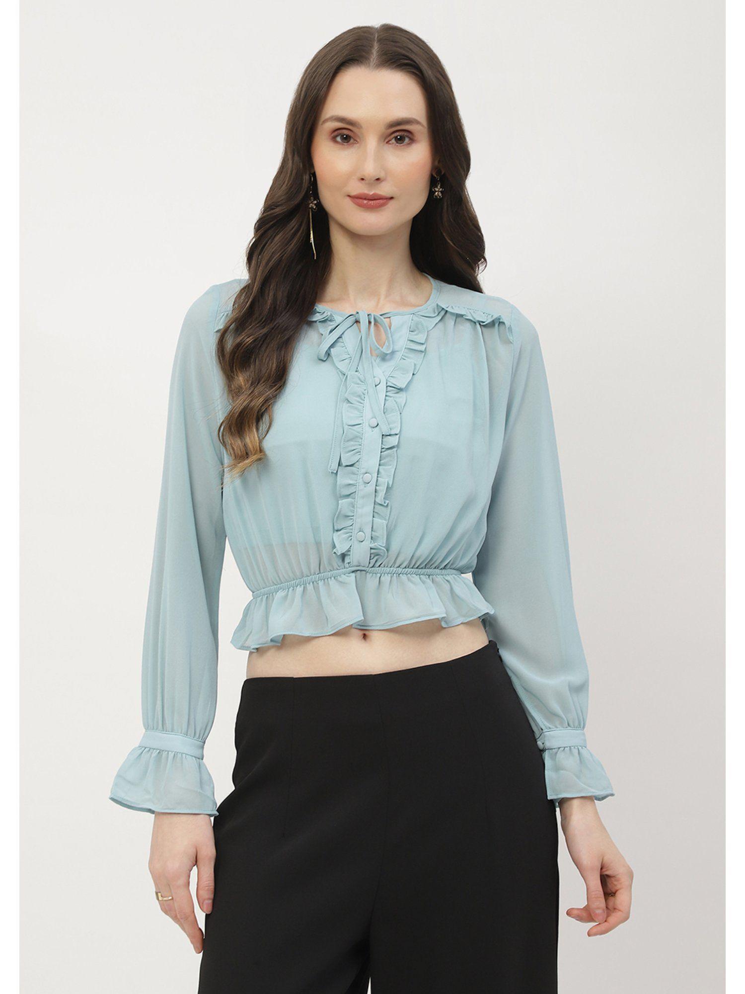 poet sleeve blue ruffle crop top