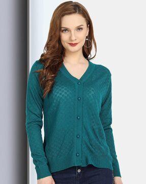 pointelle-knit button-front cardigan
