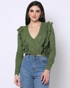 pointelle-knit cardigan with ruffles