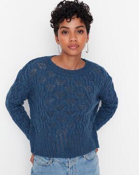 pointelle-knit round-neck pullover