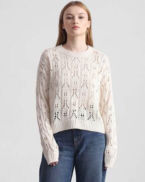 pointelle-knit round-neck pullover