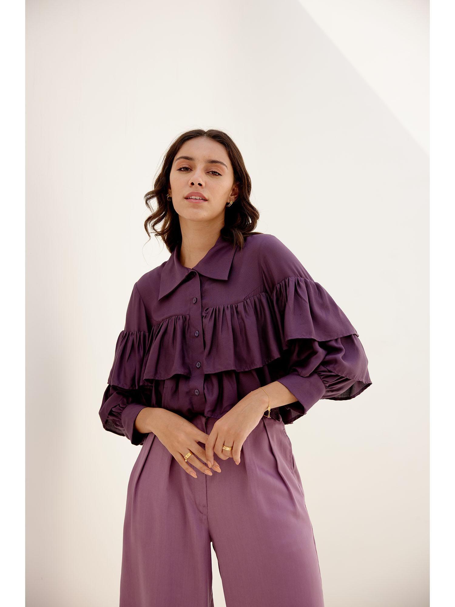 poised purple ruffled sleeves shirt