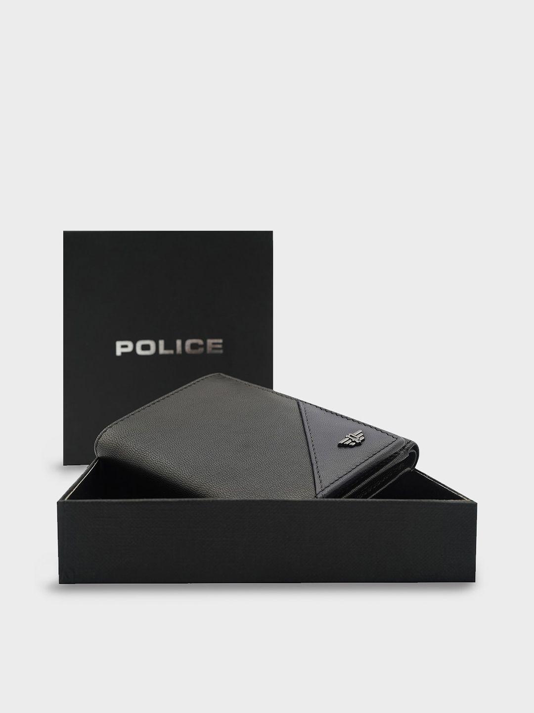 police men black solid leather three fold wallet