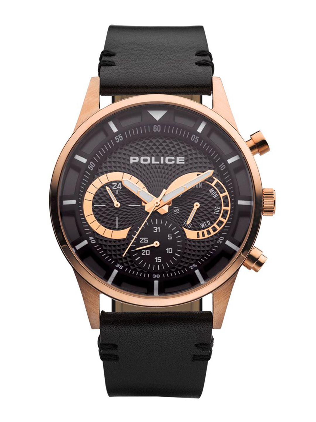 police men black dial & black leather straps analogue watch