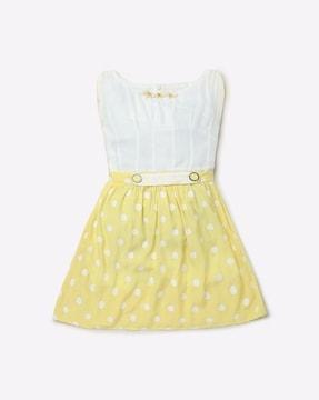 polka dot print a-line dress with pleated yoke