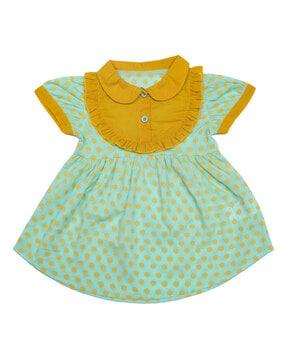 polka dot print fit & flare dress with ruffles trim