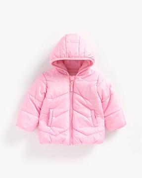 polka dot print fleece-lined hooded puffer jacket