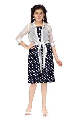 polka dots blended fabric collared girls party wear dress - navy