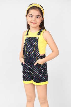 polka dots cotton girls dungaree shorts with t-shirt set - navy