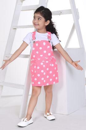 polka dots cotton knee length girls top with dungaree - pink