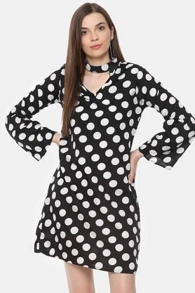 polka dots crepe choker neck women's mini dress - black