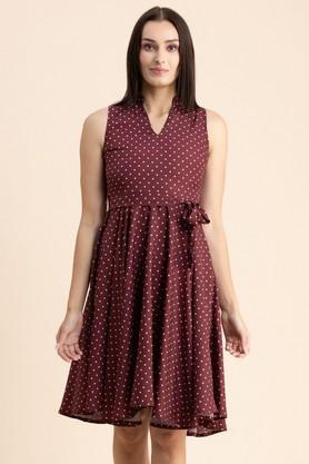 polka dots crepe henley women's knee length dress - red