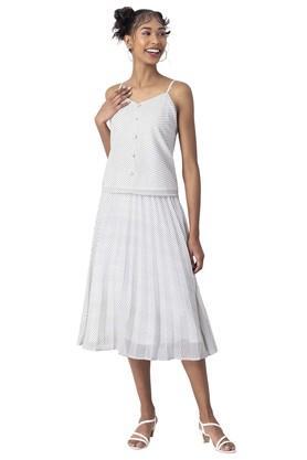 polka dots georgette square neck women's skirt and strappy top set - white
