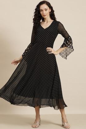polka dots georgette v neck womens maxi dress - black
