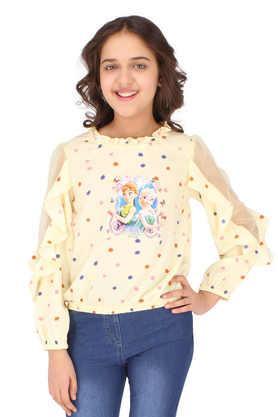 polka dots polyester round neck girls top - yellow