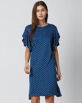 polka-dot a-line dress with ruffle sleeves