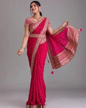 polka-dot print saree with contrast boarder