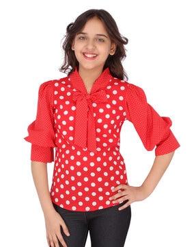 polka-dot print top with neck tie-up