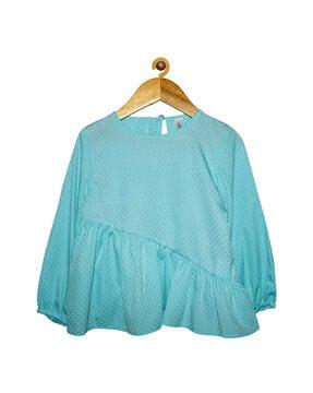 polka-dot round-neck frill layer top