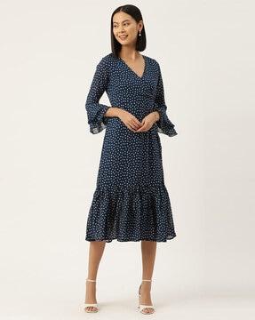 polka-dot a-line dress with bell sleeves