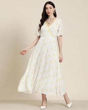 polka-dot fit & flare dress with bell sleeves