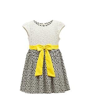 polka-dot fit & flare dress with bow