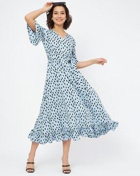 polka-dot fit & flare dress with frill hem