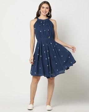 polka-dot halter-neck flared dress