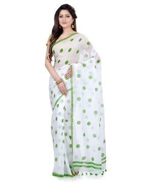 polka-dot handloom cotton saree with contrast border