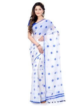 polka-dot handloom cotton saree with contrast border