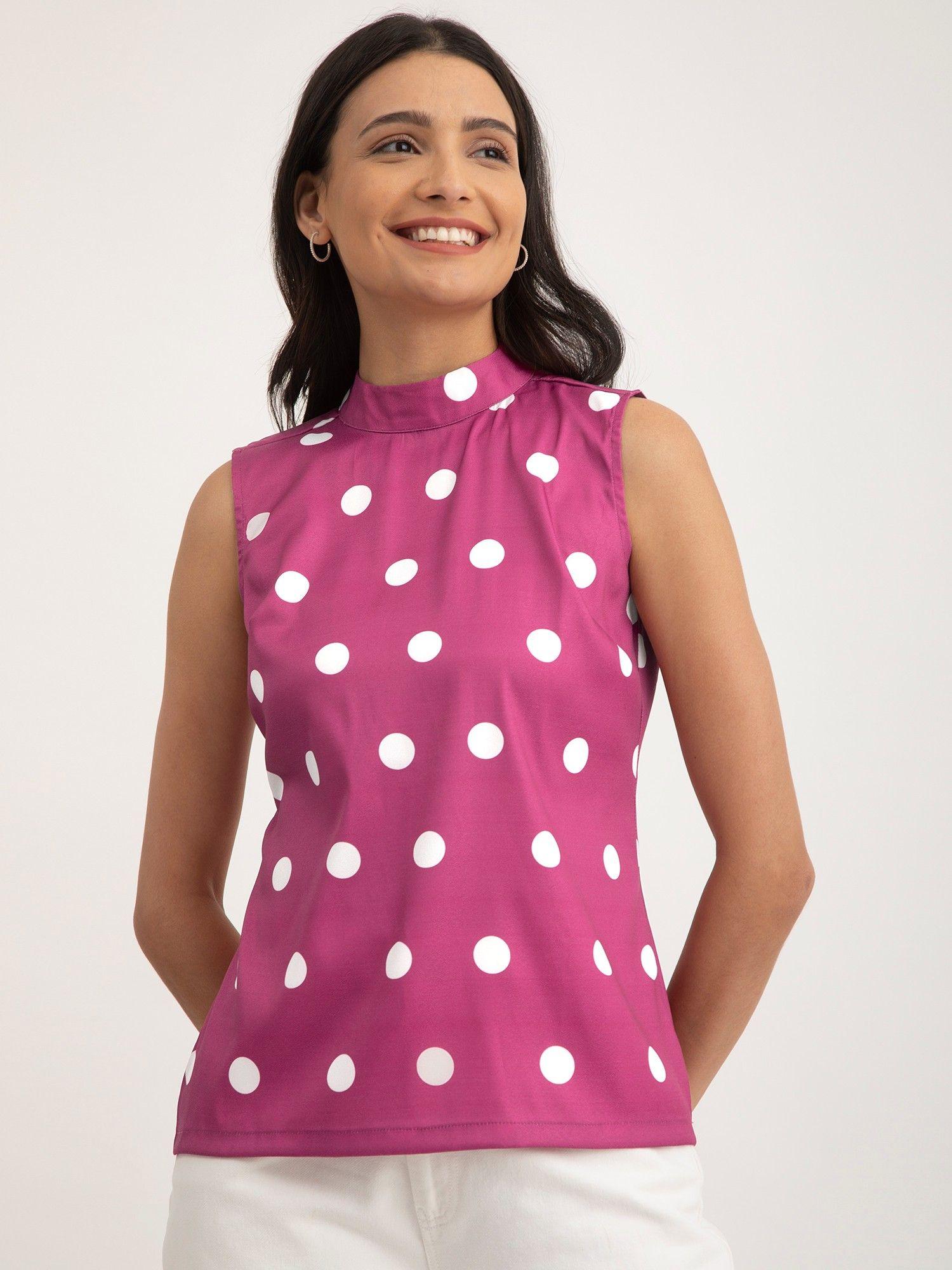 polka dot high neck top - pink