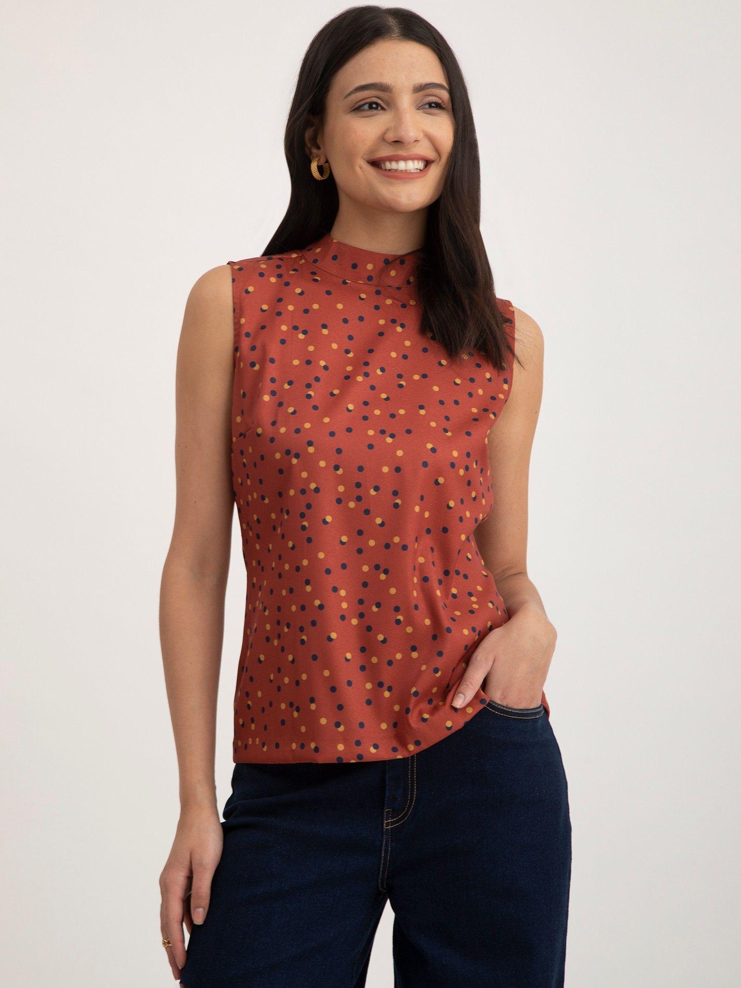 polka dot high neck top - rust