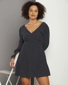 polka-dot long sleeves v-neck short dress