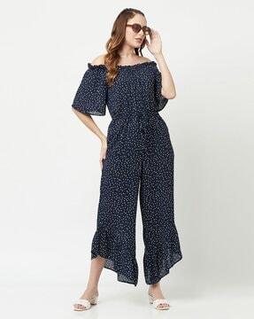 polka-dot off-shoulder jumpsuit