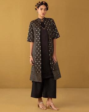 polka-dot pattern jacket with straight kurta suit set