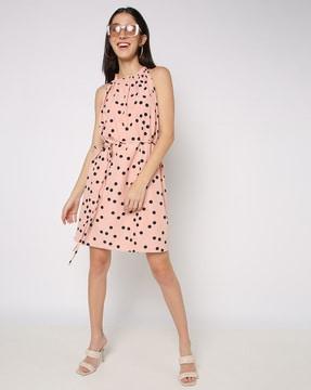 polka-dot print a-line dress with belt