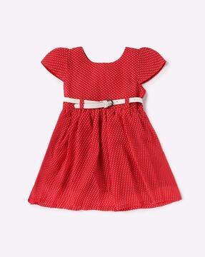 polka-dot print a-line dress with contrast belt