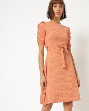 polka-dot print a-line dress with tie-up waist