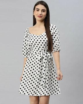 polka dot print a-line dress with tie-up
