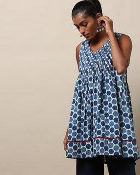 polka-dot print a-line tunic with pin tucks