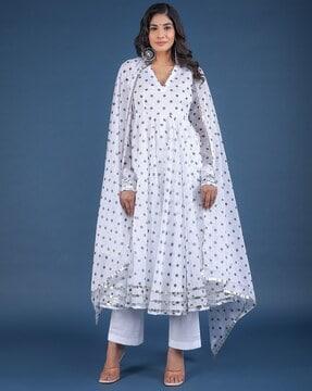 polka-dot print anarkali kurta with pants & dupatta