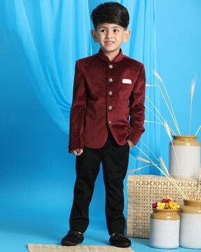 polka-dot print bandhgala suit with welt pocket