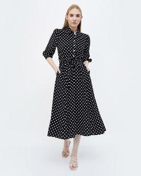 polka-dot print belt tie-up shirt dress