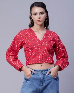 polka-dot print blouson crop top