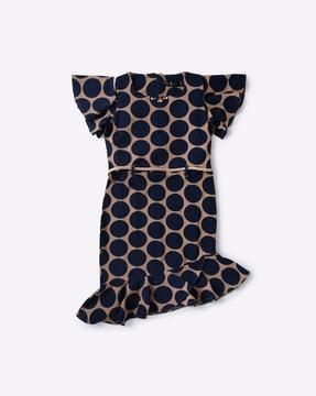 polka-dot print cold-shoulder shift dress with ruffled hemline