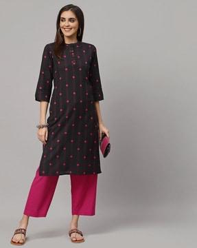 polka-dot print collar-neck straight kurta